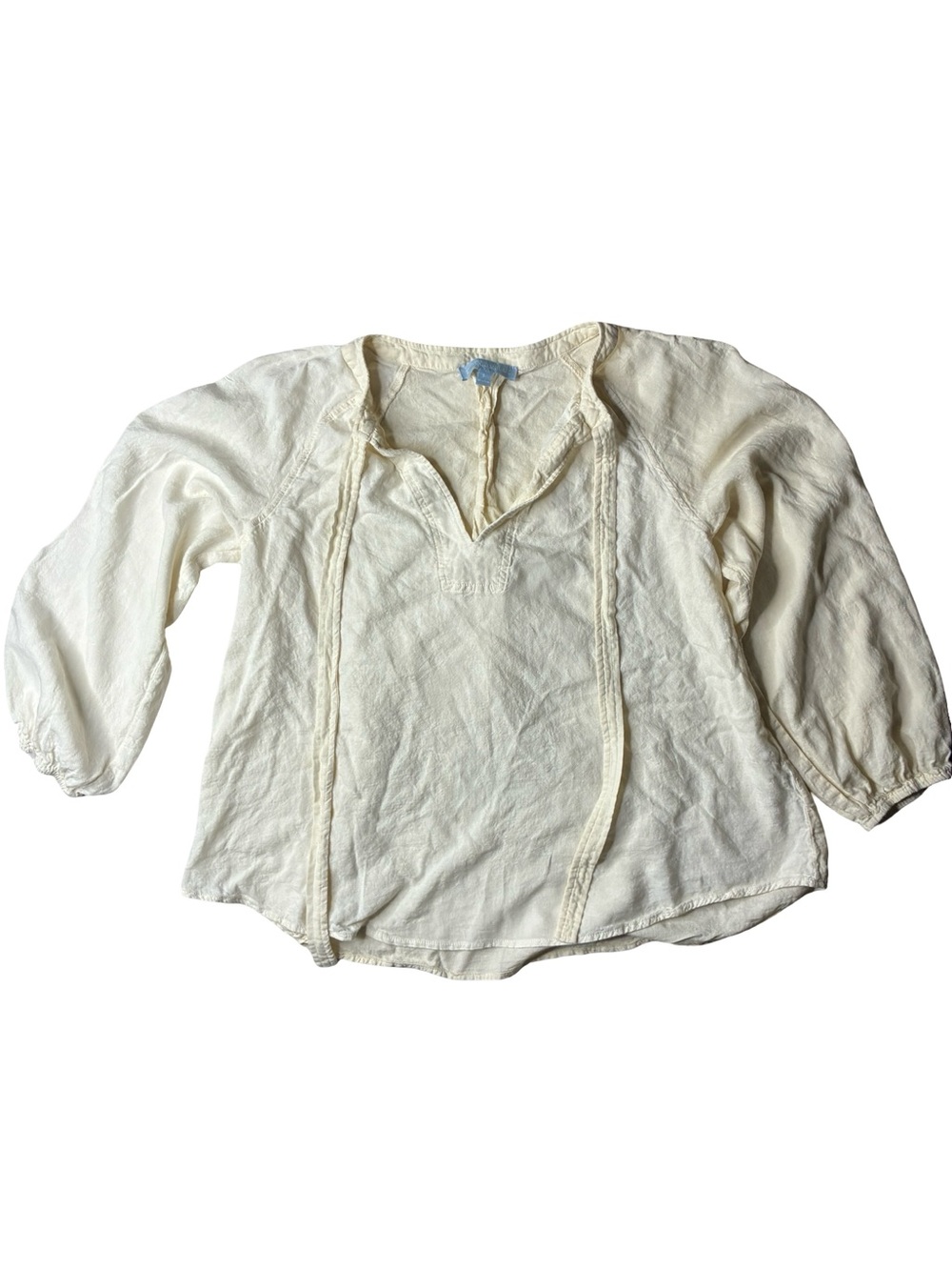 Antonio Melani Cream Boho Linen Peasant Blouse Split V-Neck Size L